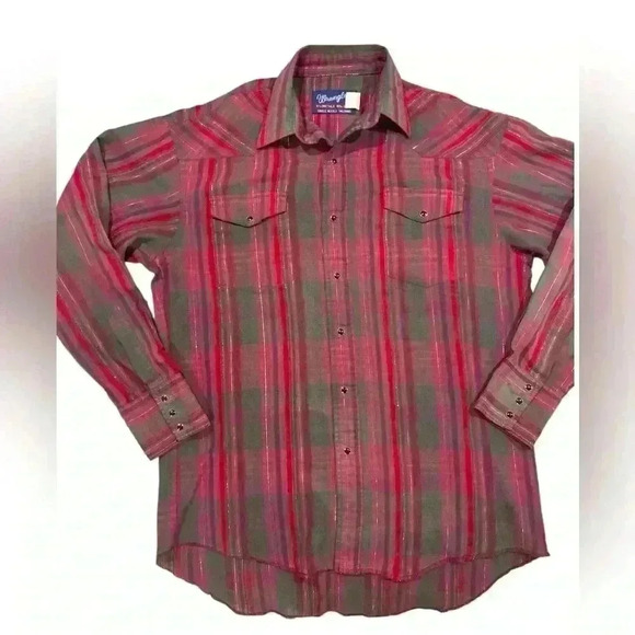 Wrangler Other - Wrangler Pearl Snap Gold Red & Green Striped Shirt Men’s 15 1/2-34 X-Long Tails